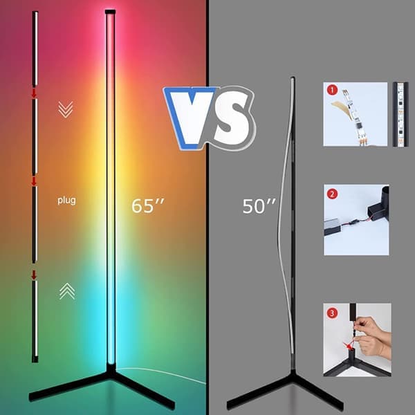 RGB LED gulvlampe, dimbar lampe i nordisk stil med smart app-kontroll, plassbesparende trekantet basedesign, tilpassbare lysmoduser