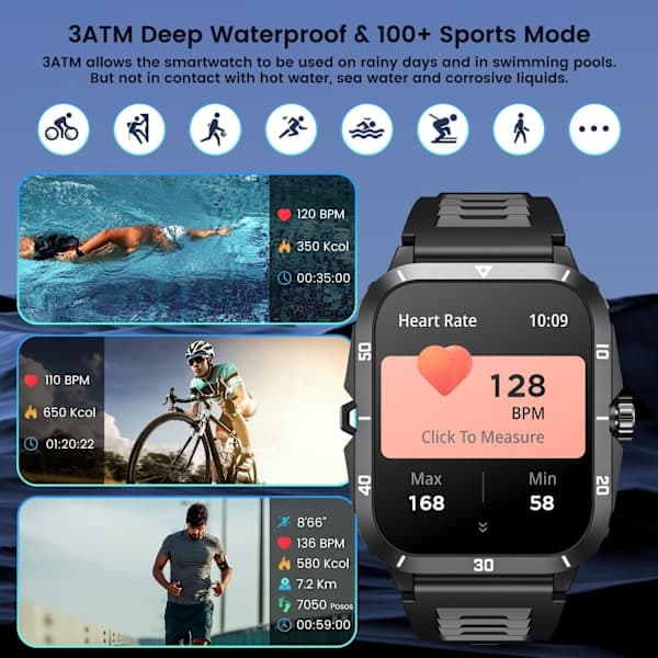 Smartklokke for menn med ringefunksjon, helseovervåking, hjertefrekvens, søvn, 100+ sportsmoduser, vanntett, svart