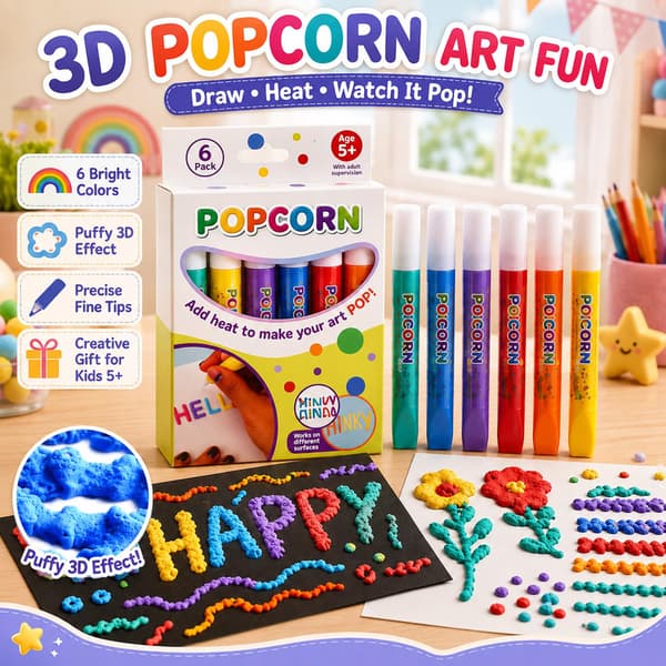 Popcorn-penner 12-pakning, 3D-puffete tegne-penner, 3 sett 3 set