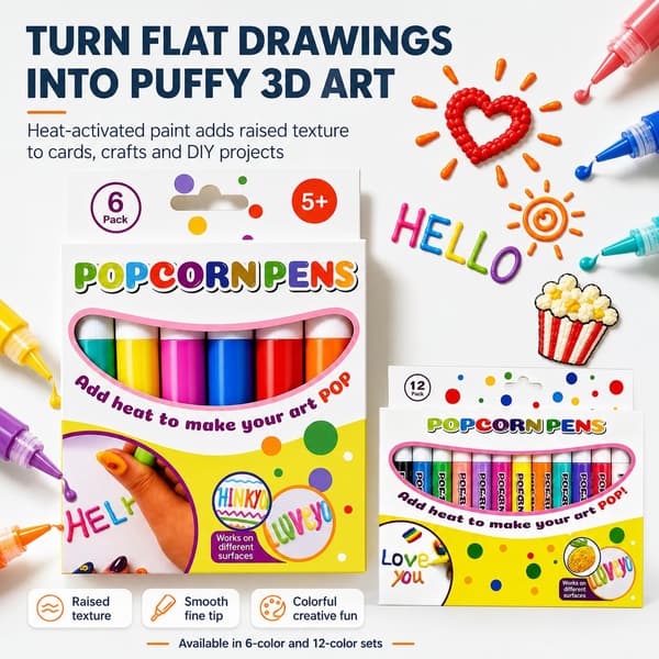 Popcorn-penner 3D-kunst, varmeaktiverte puffy kunstmarkører (12-pakning, 1 sett) 1set 12pack