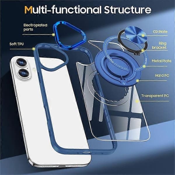 Kompatibel med iPhone 16 deksel magnetisk ringholderstøtte PC+TPU telefondeksel, blå Blue