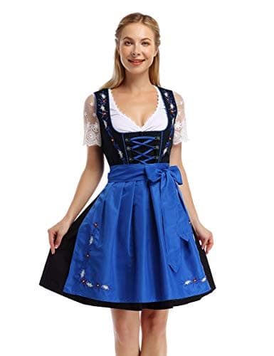 GloryStar tysk Dirndl-ölklänning för kvinnor, 3-delad dräkt för bayersk Oktoberfest och karneval 2 pcs- Blue Medium
