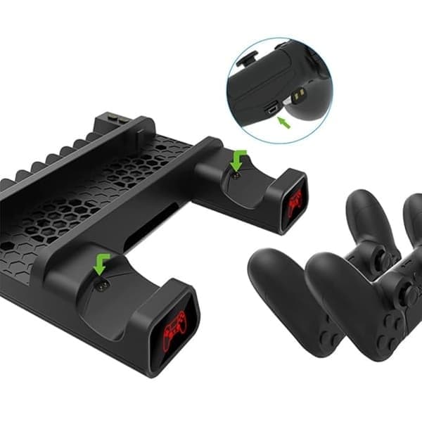 PS4-stander med køleventilator til PS4/PS4 Slim/PS4 Pro, Playstation 4-kølestation med PS4-controlleroplader og 12 spilpladser