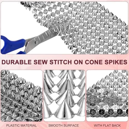 Generisk 0,5 Yard sy-på pigger Stud Cone 12 rader plast sølv pigg nagle med flat bakside Punk Rock Trim Mesh perle for DIY