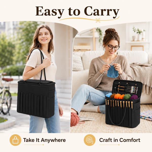 Lærred Garnpose, Strikketaske med Garnhuller, Hæklet Organizer BLACK