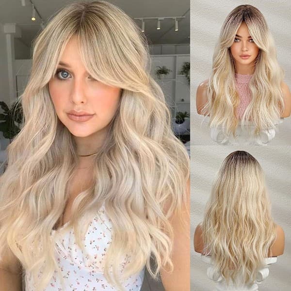 Lång vågig gradientblond peruk för kvinnor