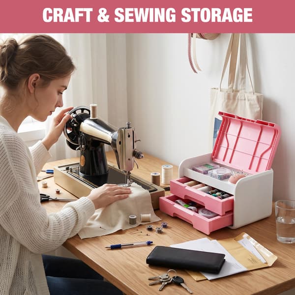 WORKPRO Liten förvaringslåda med 2 lådor och fällbart lock Pink & White