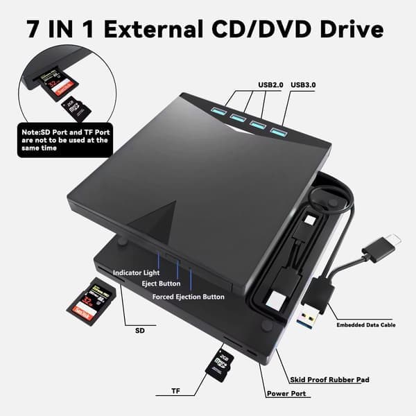 Ekstern DVD/CD-brænder 7-i-1 med TF/SD-kortplads Sort