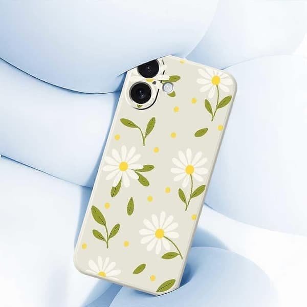 Etui til iPhone 17 Hvide Blomster Grønne Blade Mønsterprint Lige Kant TPU Telefonbagside, Sort Black Black