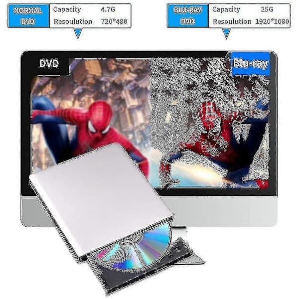 Extern Blu Ray DVD-enhet 3D, USB 3.0 och Type-C Bluray CD DVD-läsare Slim Optisk Bärbar Blu-ray D