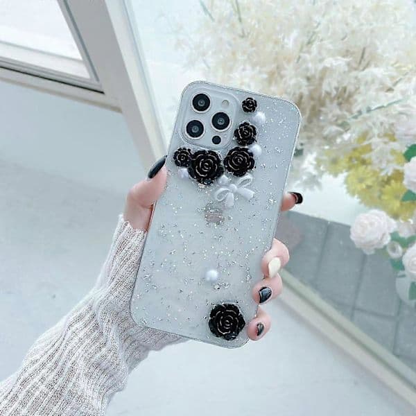 Til iPhone 12 mini 3D Perle Sløjfe Rose Glitter Epoxy TPU Telefon Cover
