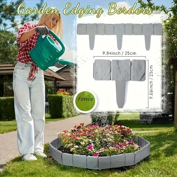 10 stk. grå steinimitasjon plast hagekantgjerde, blomsterbedramme, hagegårdsdekorasjonsgjerde
