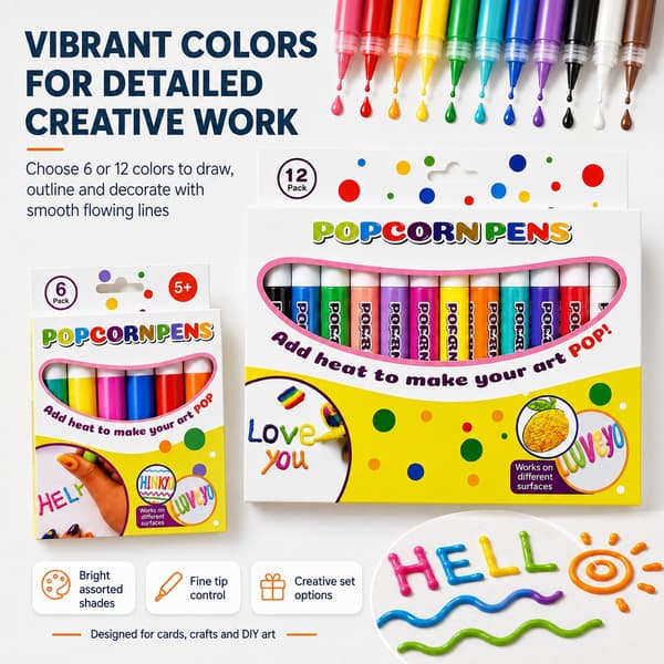 Popcorn-penner 3D-kunst, varmeaktiverte puffy kunstmarkører (12-pakning, 1 sett) 1set 12pack
