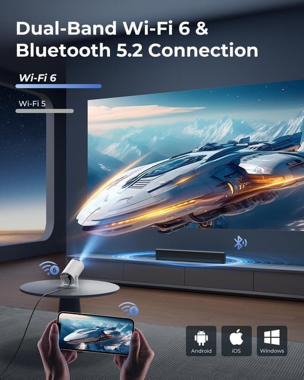 2025 Seneste Model Mini Projektor med Wifi og Bluetooth - Indbyggede Apps, Smart Bærbar Projektor med 180° Rotation, Auto Keystone, Sup