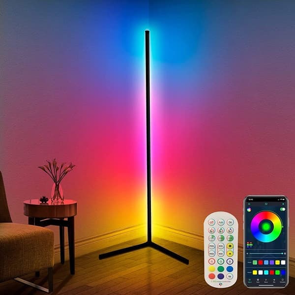 RGB LED gulvlampe, dimbar lampe i nordisk stil med smart app-kontroll, plassbesparende trekantet basedesign, tilpassbare lysmoduser