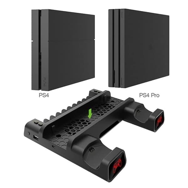 PS4-stander med køleventilator til PS4/PS4 Slim/PS4 Pro, Playstation 4-kølestation med PS4-controlleroplader og 12 spilpladser