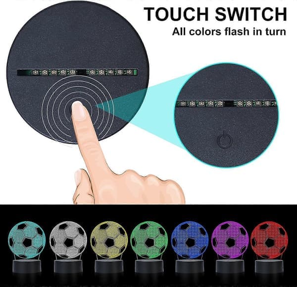 Fodbold 3D Natlampe Touch Control, 7 Farver Automatisk Gradient Natlampe, Akryl og ABS Base Optisk Illusion Natlampe