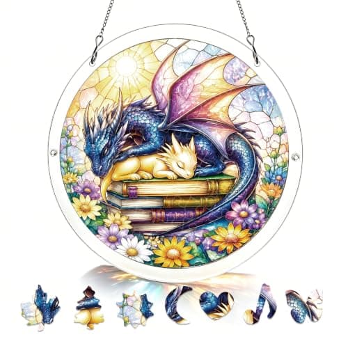 Drage Akryl Puslespill Solfanger, 83 Deler DIY Vindusdekor Sleeping Book Dragons