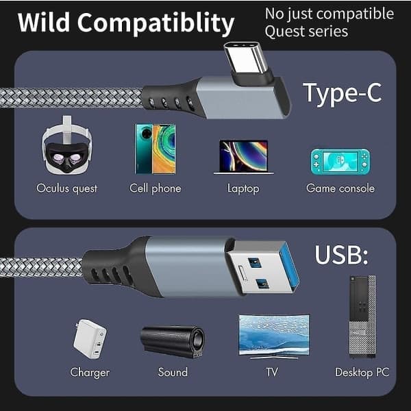 Link-kabel for Oculus Quest 2 Hurtiglading og dataoverføring USB C 3.2 Gen1 5Gbps PD Overføring Ladekabel VR Headset Link-kabel Grå 6M Grey 6M