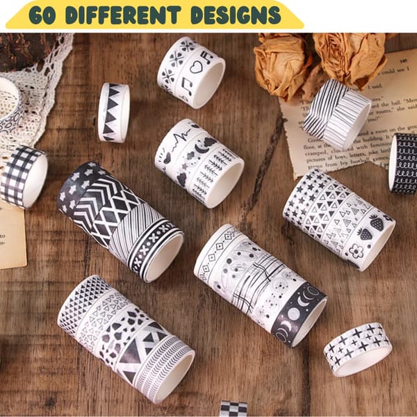Washi Tape Set, 60 rullar dekorativ maskeringstejp i bulk för scrapbooking Black