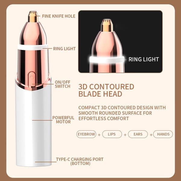 Epilator, 2-i-1 hårfjerningsenhet for kvinner, USB oppladbar, øyenbrynstrimmer (hvit)