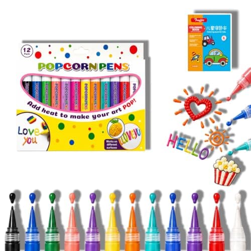 Popcorn-penner 3D-kunst, varmeaktiverte puffy kunstmarkører (12-pakning, 1 sett) 1set 12pack