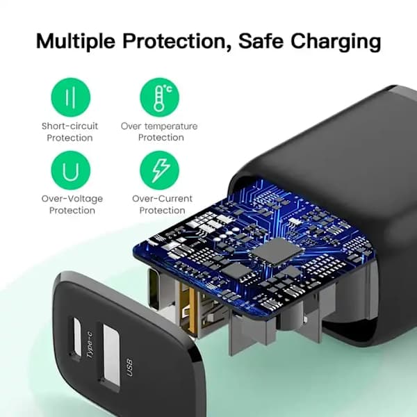 2-pak iPhone Android oplader USB & USB-C, PD & Q.C3.0, 3.5A, 20W - Sort 2 Stycken
