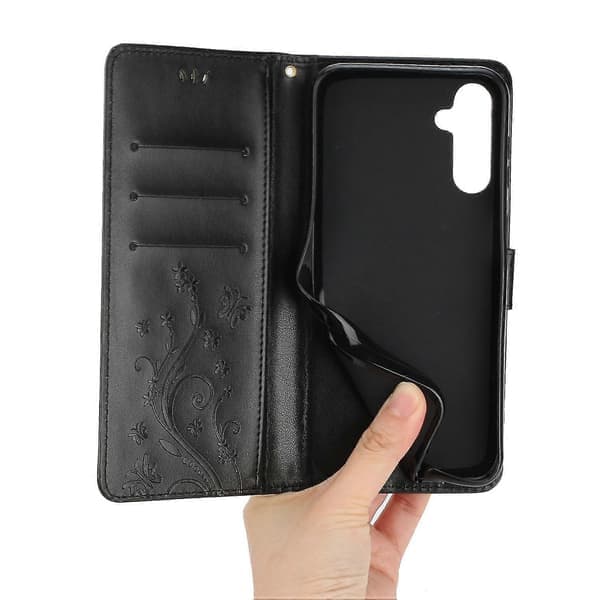 Etui til Samsung Galaxy A55 5G med sommerfugle læder telefonetui med stander og pung sort Black