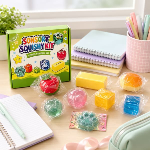 8-delt sensorisk squishy-sæt, assorterede mad-, pote- og terning-stressaflastningslegetøj, blød klemme-fidget-gaveæske
