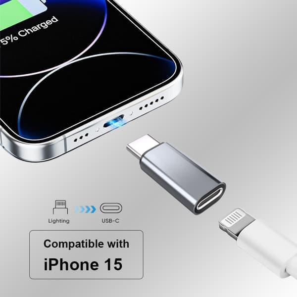 Lightning (hunn) til USB-C (hann) adapter, kompatibel med iPhone 15 Grå Grey