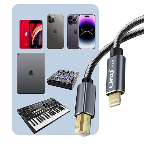Tulostinkaapeli iPad ja iPhone USB-B Punottu Nylon LinQ 1.5m
