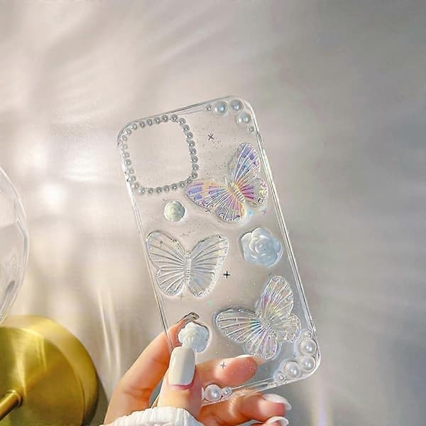 Gjennomsiktig telefondeksel til iPhone 13 Pro Max, glitter, blomsterdesign, sommerfugldesign iPhone 13 Pro Max