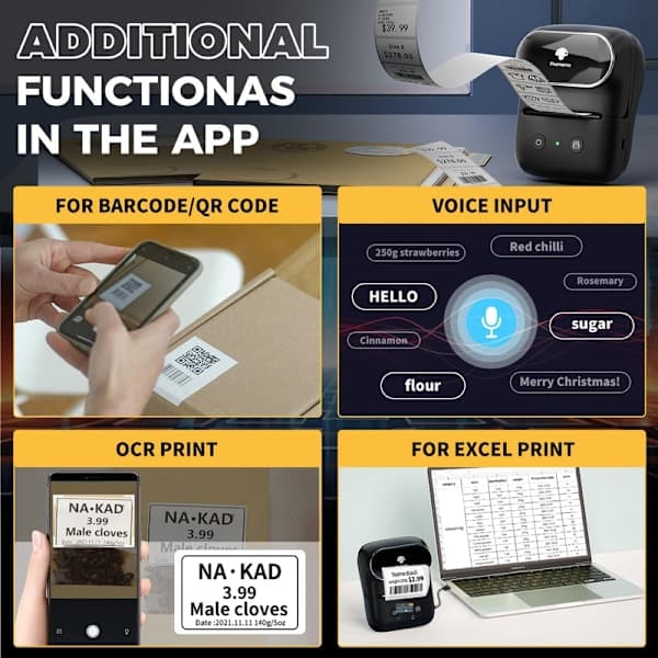 Mini termisk multifunktionsprinter med 1 etikettape – Bærbar Bluetooth-etiketprinter 11,4x8,7x5,9 cm