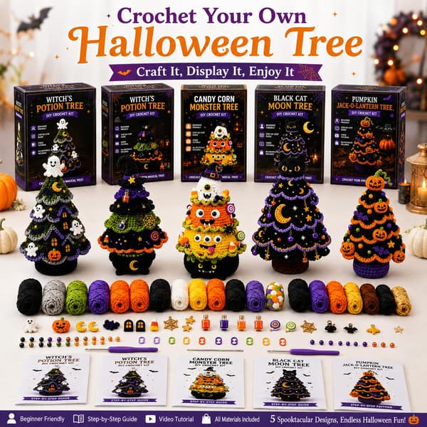 DIY Sort Kat Måne Træ Halloween Hæklesæt for Begyndere Black Cat Moon Tree