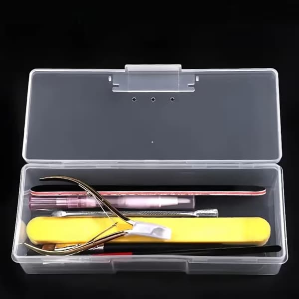 Klar plastik negleværktøjsopbevaringsboks, rektangulær hængslet låg hardware dele organizer etui, bærbar støvtæt manicure tilbehørsbeholder til