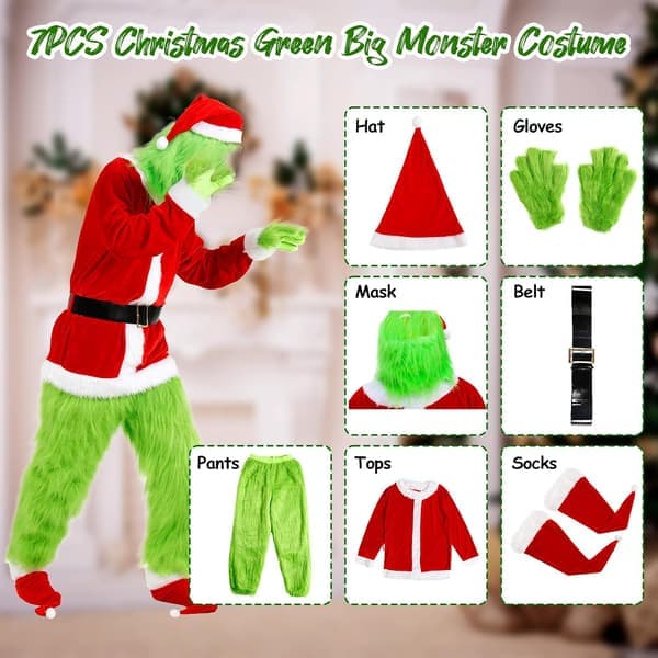 7-delt Grinch Kostume Jule Cosplay Kostumer - L