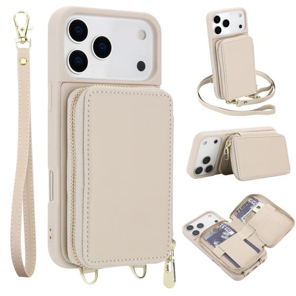 Lompakkokotelo iPhone 17 Pro Maxille, korttipidike, rannehihna, vetoketjutasku, valkoinen white iPhone 17 Pro Max