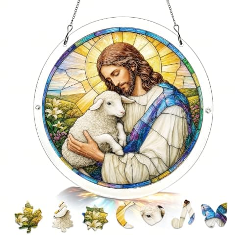 Jesus og lam akrylpuslespill solfanger, 83 deler DIY-dekor Good Shepherd