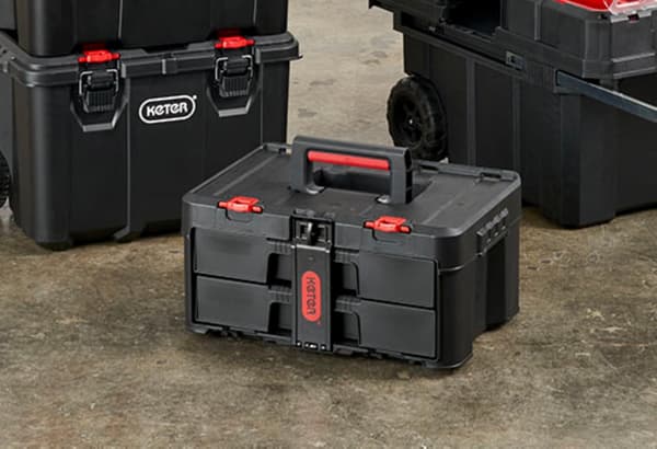 Keter Stack-n-Roll Værktøjskasse med to skuffer til smådele og tilbehør til elværktøj, passer til Keter modulopbygget værktøjsopbevaringssystem : Industriel & 2 Drawer Black/Red