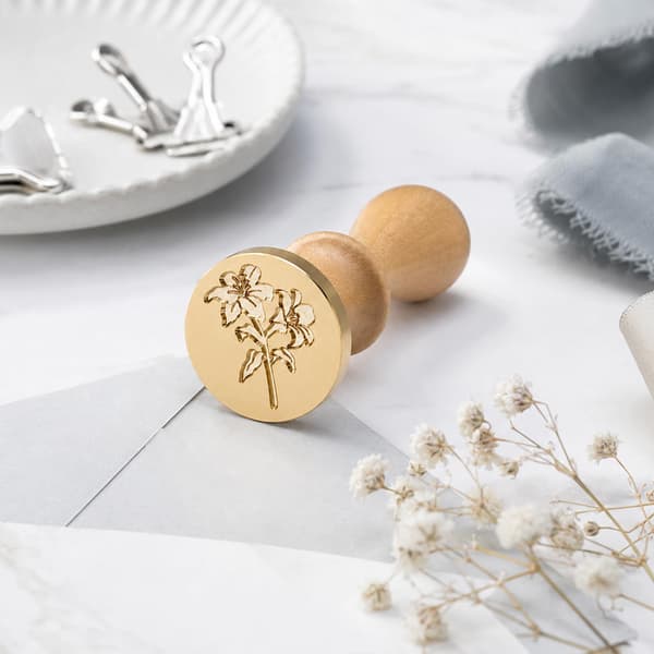 Lilje voksseglstempel, blomster botanisk tema messingstempel med trehåndtak Lily