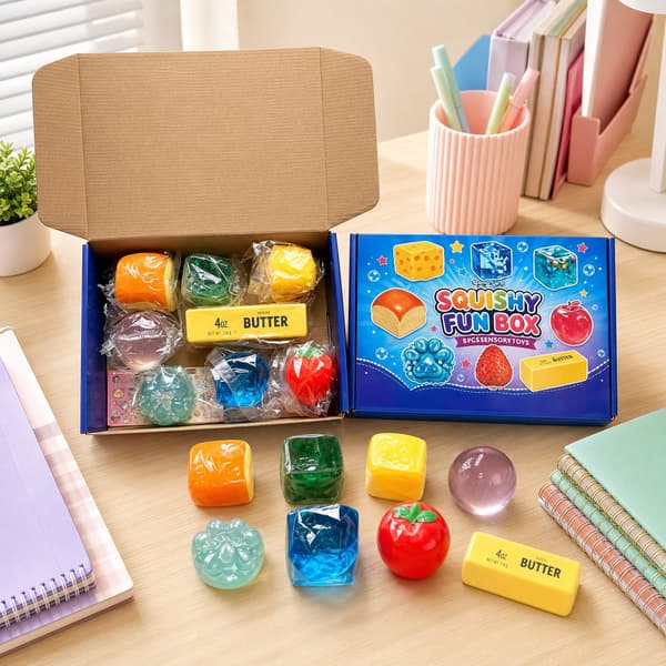 8-delad Squishy Fun Box, Mat- och Klar Kub Sensoriska Stresslindrande Leksaker, Mjukt Klämbart Fidget Presentpaket