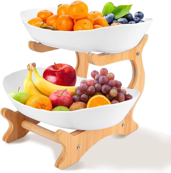 Fruktställ 1/2/3-vånings plastfruktkorg med bambu-våningsfat för kök & servering Vit 2-vånings White 2-Tier