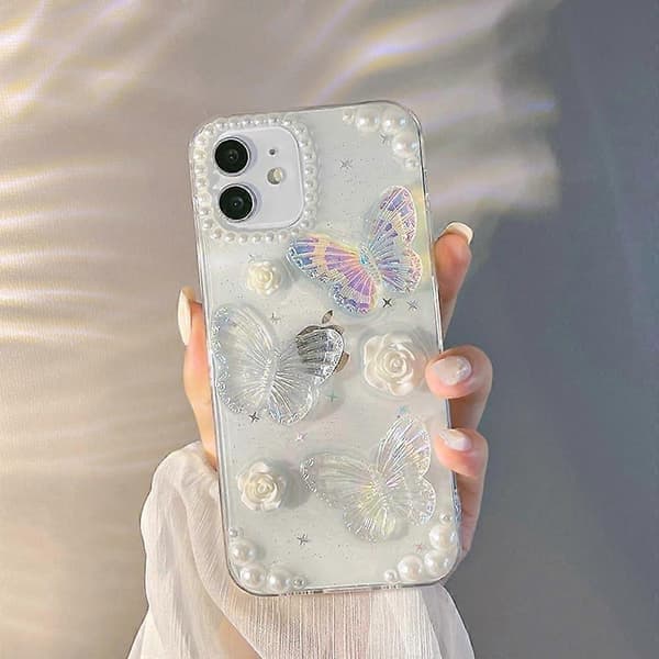 Gjennomsiktig telefondeksel til iPhone 13, glitter, blomsterdesign, sommerfugldesign iPhone 13