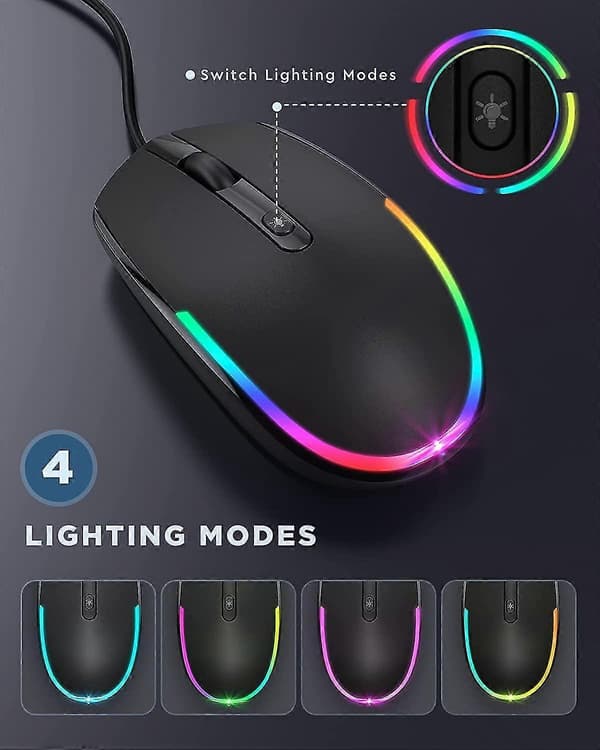Wired Mouse, LED RGB Backlit Mouse with 1.5m USB Cable, 1600 DPI Silent Ergonomic Portable
