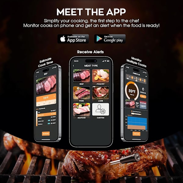 Trådlös Kötttermometer, Digital Matlagningstermometer för Matlagning och Grillning, 110 m Bluetooth Smart Kötttermometer