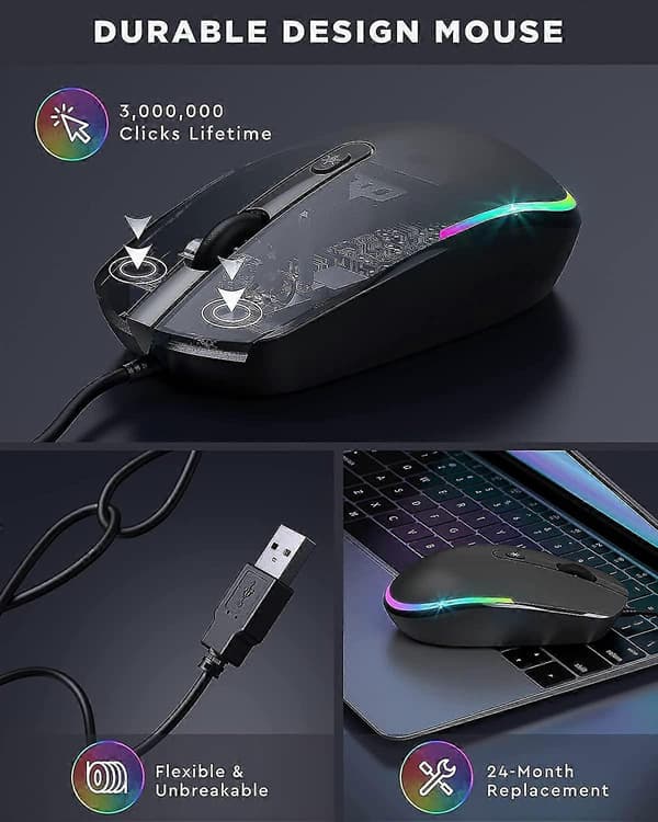 Wired Mouse, LED RGB Backlit Mouse with 1.5m USB Cable, 1600 DPI Silent Ergonomic Portable