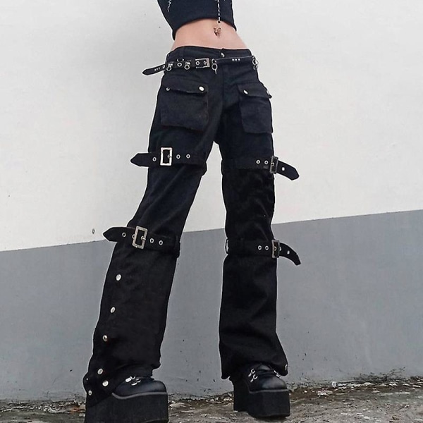 Cyber Y2k byxor Akademiska mörka kläder Hippie lösa jeans style2 L