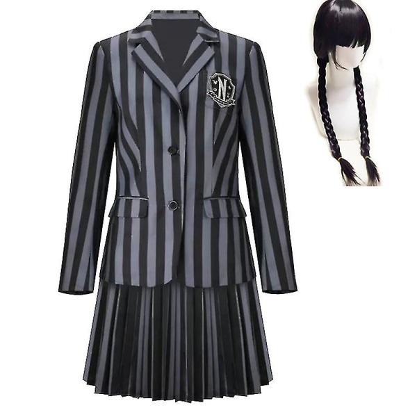 Onsdag Adams Cosplay Costume, College School Uniform Dress with wig Adults S