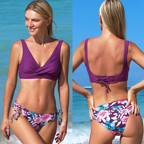 Printed Mid Waist Bikini Suit Badkläder 2022 New Beach Badkläder purple L
