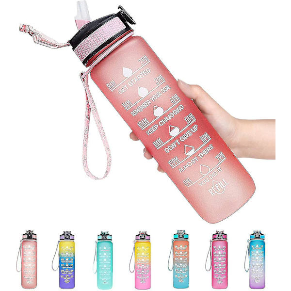 1l vattenflaska, halm sportflaska, gradient färg-rosa, 1 st